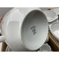 Large quantity of Porcelana Real Brasil White Blossom pattern tea and dinner wares, to include dinner plates, tea cups and saucers, salt and pepper pots, tureens, pie dishes coffee pots, place mats, spoons and glasses, etc, in five boxes 