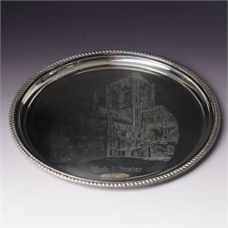 Silver circular York Minster salver with gadrooned border engraved with a view of the Minster in case D21cm Birmingham 1979 Maker Laurence Watson & Co