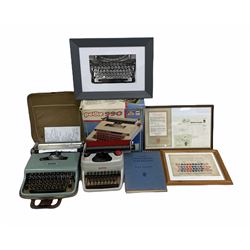 Two child's vintage typewriters by Petite, an Olivetti Lettera 22 portable typewriter, together with Pitman's Commercial Typewriting by W & E Walmsley, a framed diagram of a typewriter keyboard, a frame receipt dated 1995 etc 