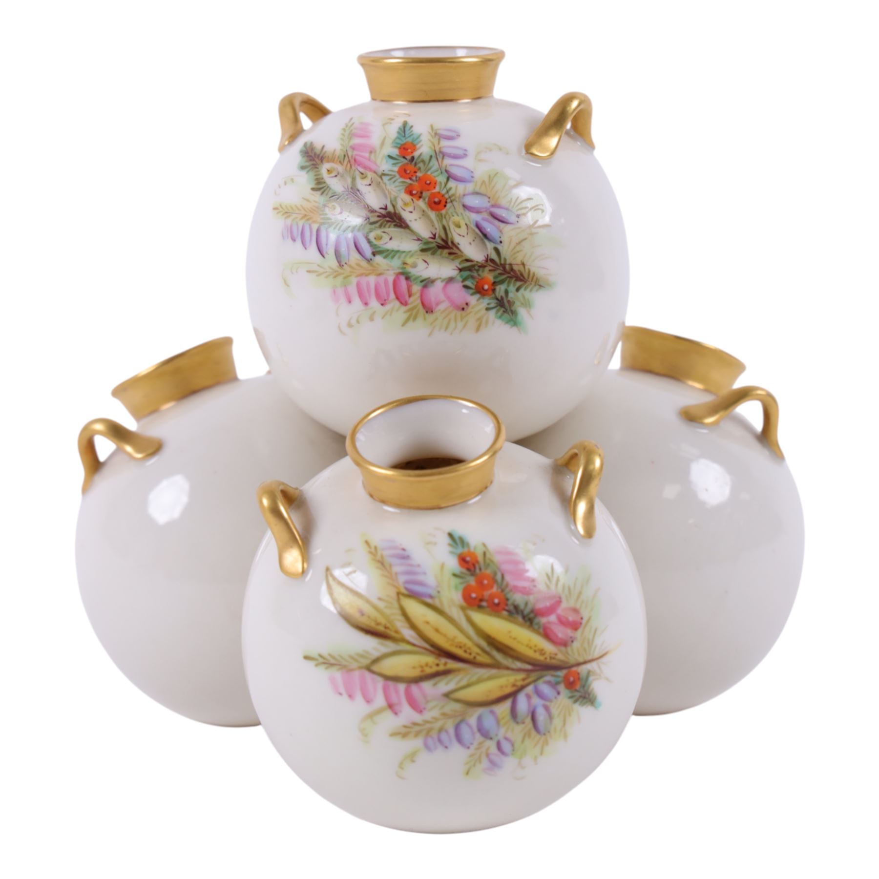 Royal Worcester spill vase, consisting of four conjoined bulbus vases, each hand painted with floral sprigs, with gilt handles and rims, with puce mark beneath, H15cm