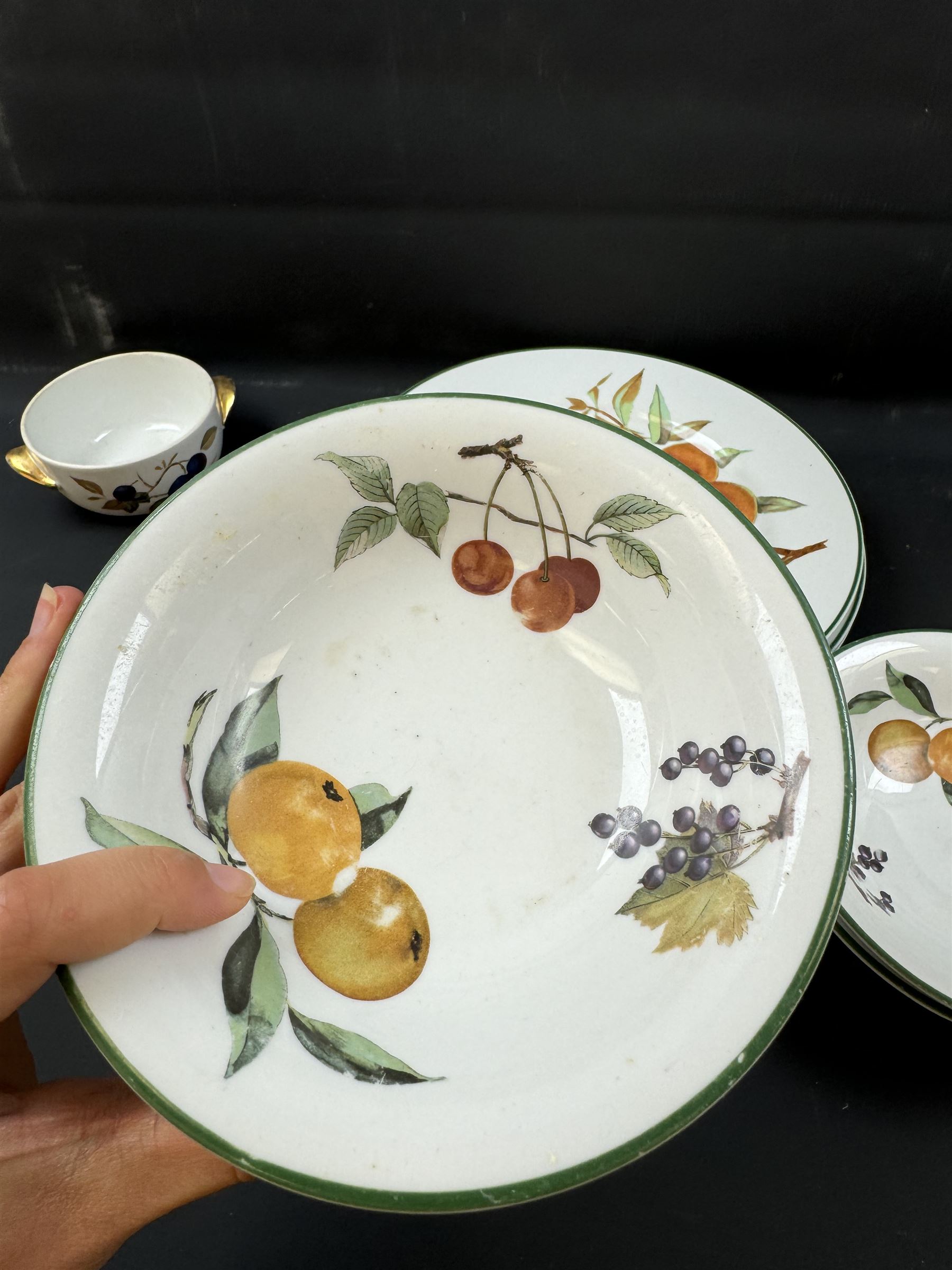 Royal Worcester Evesham pattern part dinner service, including covered jars, covered serving dishes, sauce jugs, dinner plates, side plates etc  