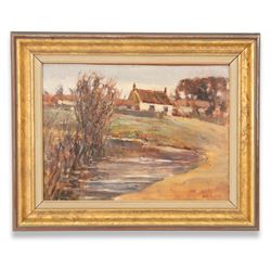 James William Booth (Staithes Group 1867-1953): The Village Pond, oil on canvas laid on to board signed 23cm x 31cm