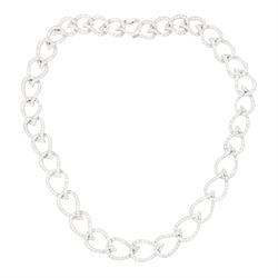 18ct white gold diamond leaf design link necklace, thirty-five graduating leaves, each wit...