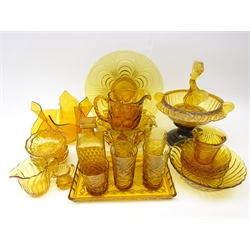  Collection of vintage amber glass including posy bowl with matched figural frog on black stand, dessert bowl sets, tumblers, dressing table tray and other pieces   