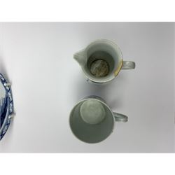 Three pieces of 18th century Liverpool Richard Chaffers porcelain, comprising saucer decorated with waterside hut beneath a willow, circa 1758-1760, D13cm, sparrow beak jug decorated with two figures and a pagoda, circa 1756-60, H8cm, and a coffee cup decorated in the Angled bridge pattern, H6cm