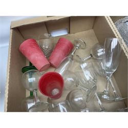 Cut crystal and glassware, including Stuart Crystal mushroom decanter, Elizabeth crystal vase, drinking glasses, tumblers, etc, in four boxes