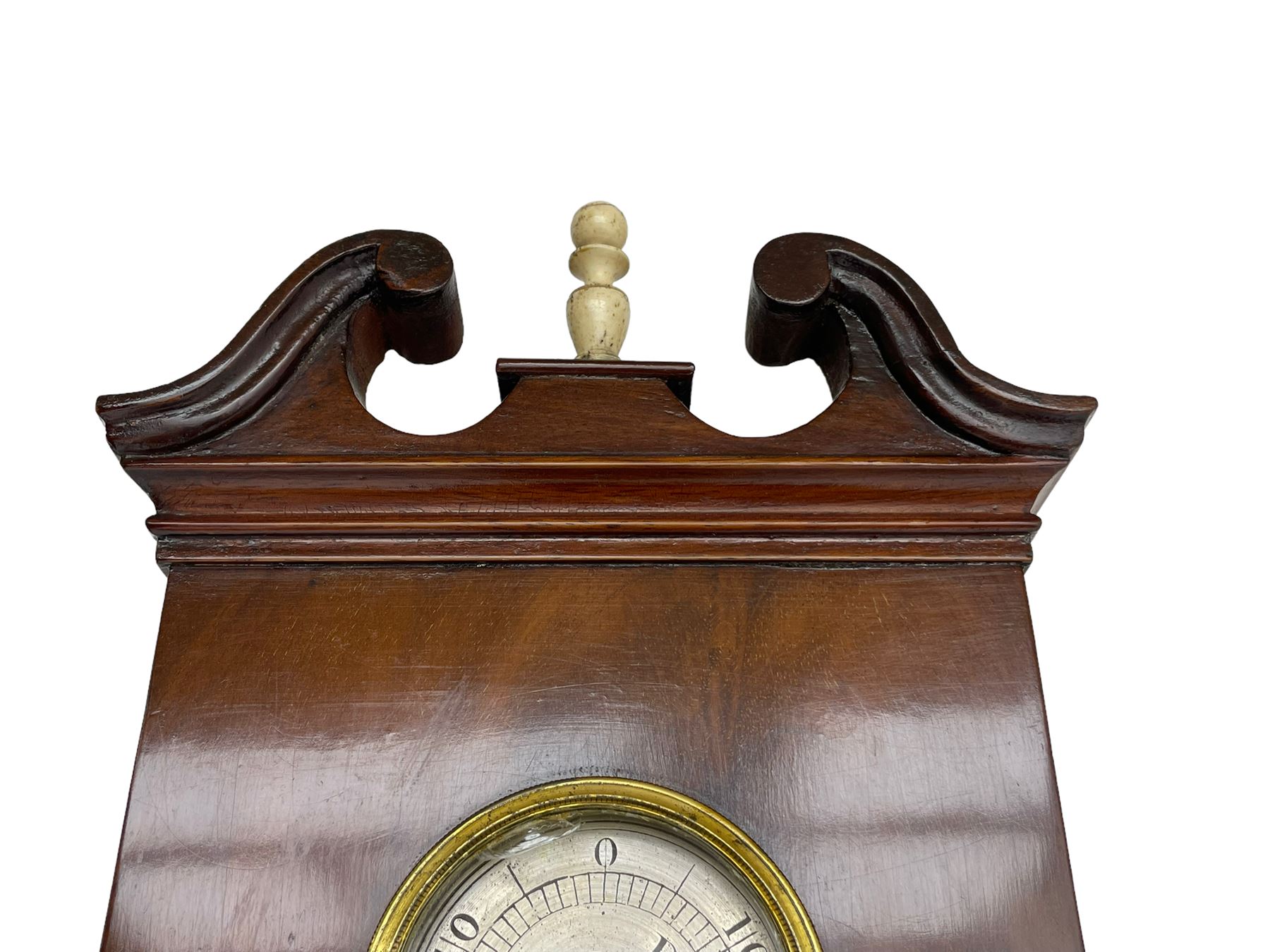 D Luvate of Preston - early Victorian mahogany mercury wheel barometer c1840, with a swan’s neck pediment and cavetto moulded square base, 8-inch silvered register calibrated in inches with a decorative star engraved centre, cast brass bezel and convex glass, with a steel indicating hand and brass recording hand, beneath a bowfronted Fahrenheit scale thermometer and hygrometer, rectangular spirit level signed D LUVATE, PRESTON.
Lacking recording hand button.
H109
Dominic Luvate is recorded as working as a barometer and looking glass maker in Friargate, Preston 1820-45
