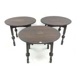 Three oval bog oak bar tables, square supports with cup and cover detailing
