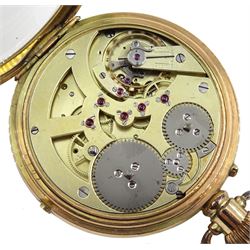 Gold-plated open face keyless lever diablotine chronograph pocket watch, white enamel dial with centre seconds and subsidiary time dial and quarter-second jump diablotine, case No. 7109, with skeleton back cover