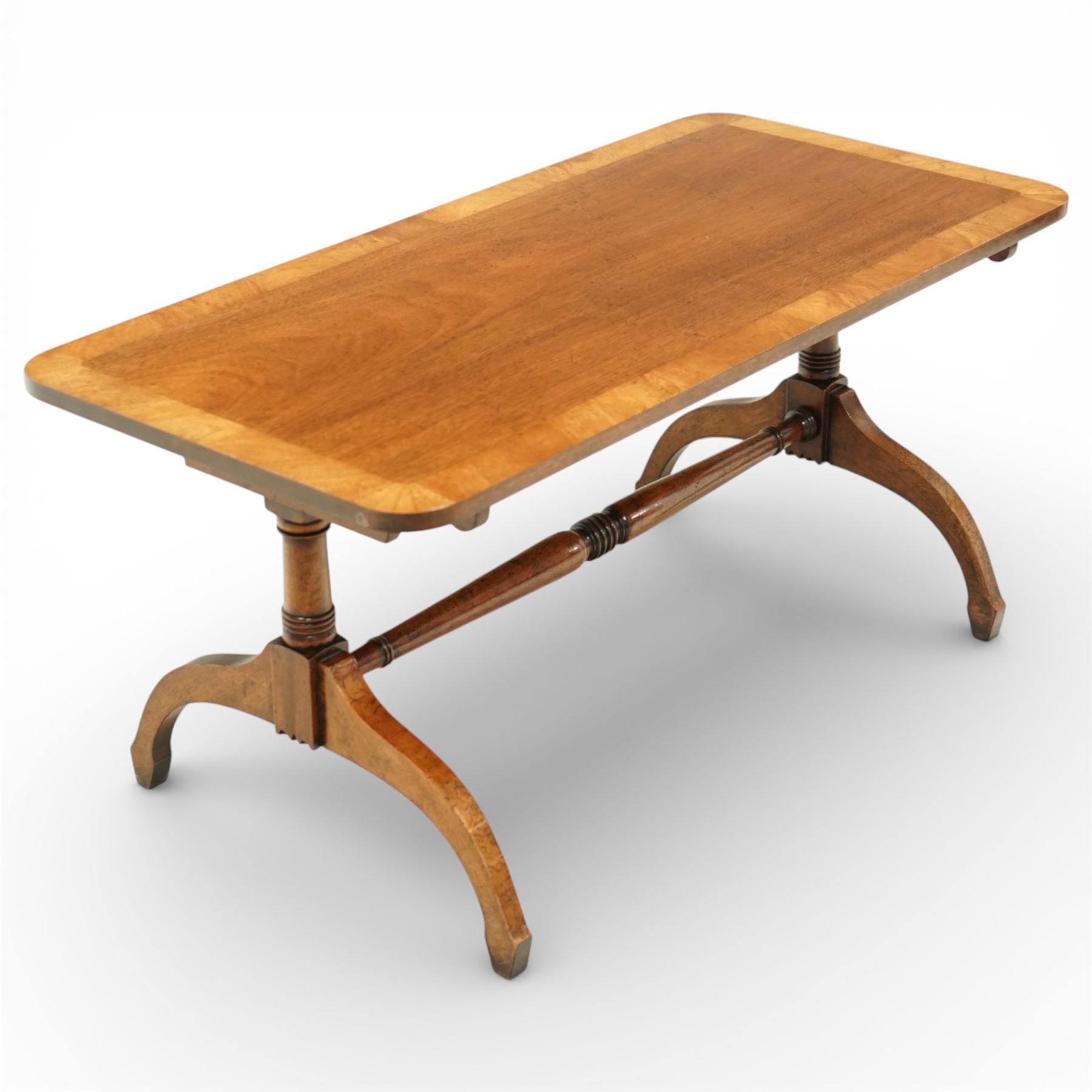 20th century Queen Anne style walnut sofa table, rectangular top with quarter veneered corners, raised on cabriole legs united by a turned stretcher