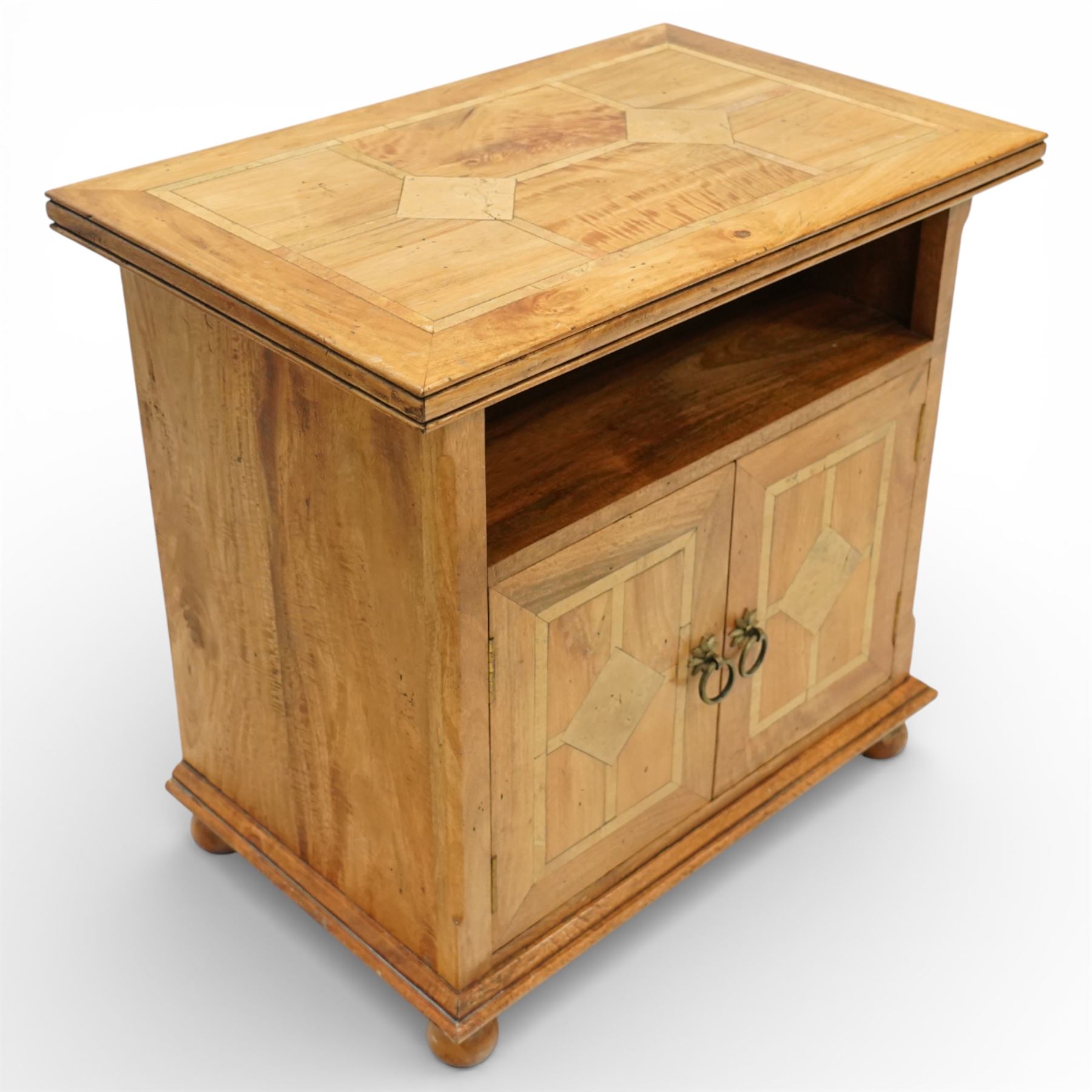 Barker & Stonehouse - ‘Flagstone’ inlaid mango wood television or media cabinet, rectangular moulded top with geometric inlaid panels, open central media shelf over a pair of panelled cupboard doors with inlay and metal ring handles, enclosing fixed shelving, raised on turned bun feet