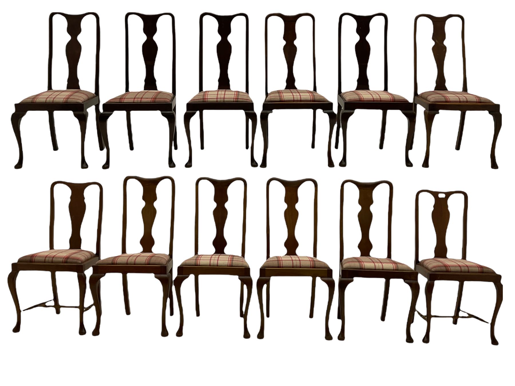Mixed set of twelve early 20th century mahogany Queen Anne style dining chairs, all with shaped vase backs and cabriole front supports, matching drop-in seats upholstered in tartan patterned fabric