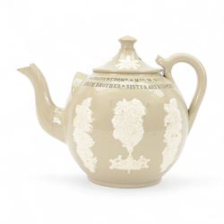 Large stoneware teapot with relief moulded decoration and script 'A Present To Mr & Mrs W....