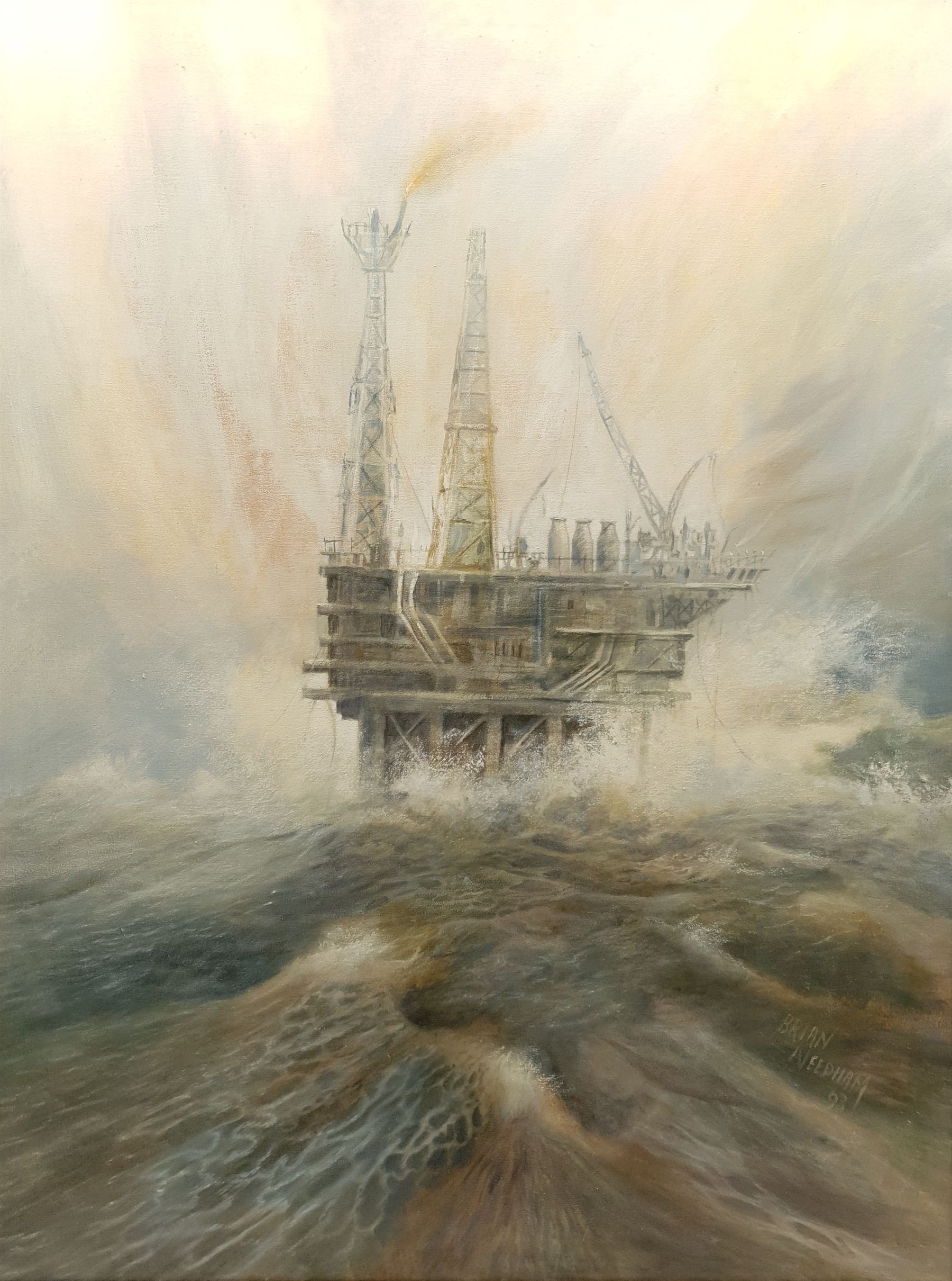 Brian Needham (British ?-2004): Oil Rig, oil on canvas signed and dated '93, 100cm x 75cm; Nude, oil on board signed 54cm x 40cm (2)