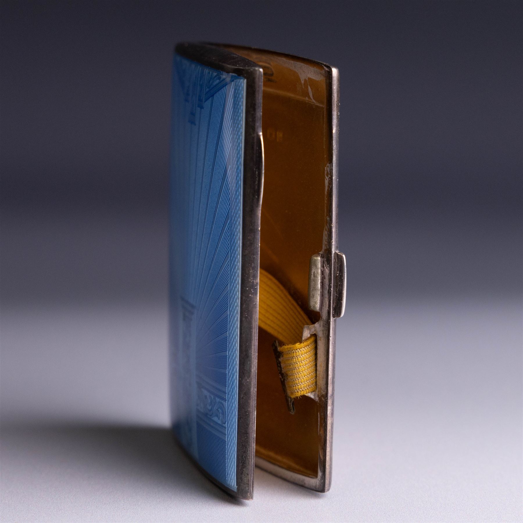 1930s silver cigarette case, with blue guilloche enamel decoration to cover, hallmarked Collingwood & Sons Ltd, Birmingham 1937, H8.5cm