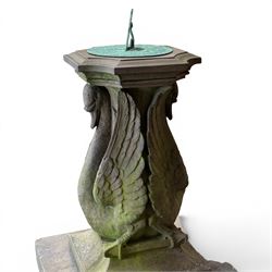 Late 20th century terracotta twin swan sundial, well figured seated back to back with shaped top, raised on four sectional base. Measurements exclude base.
Base: 60cm x 60cm