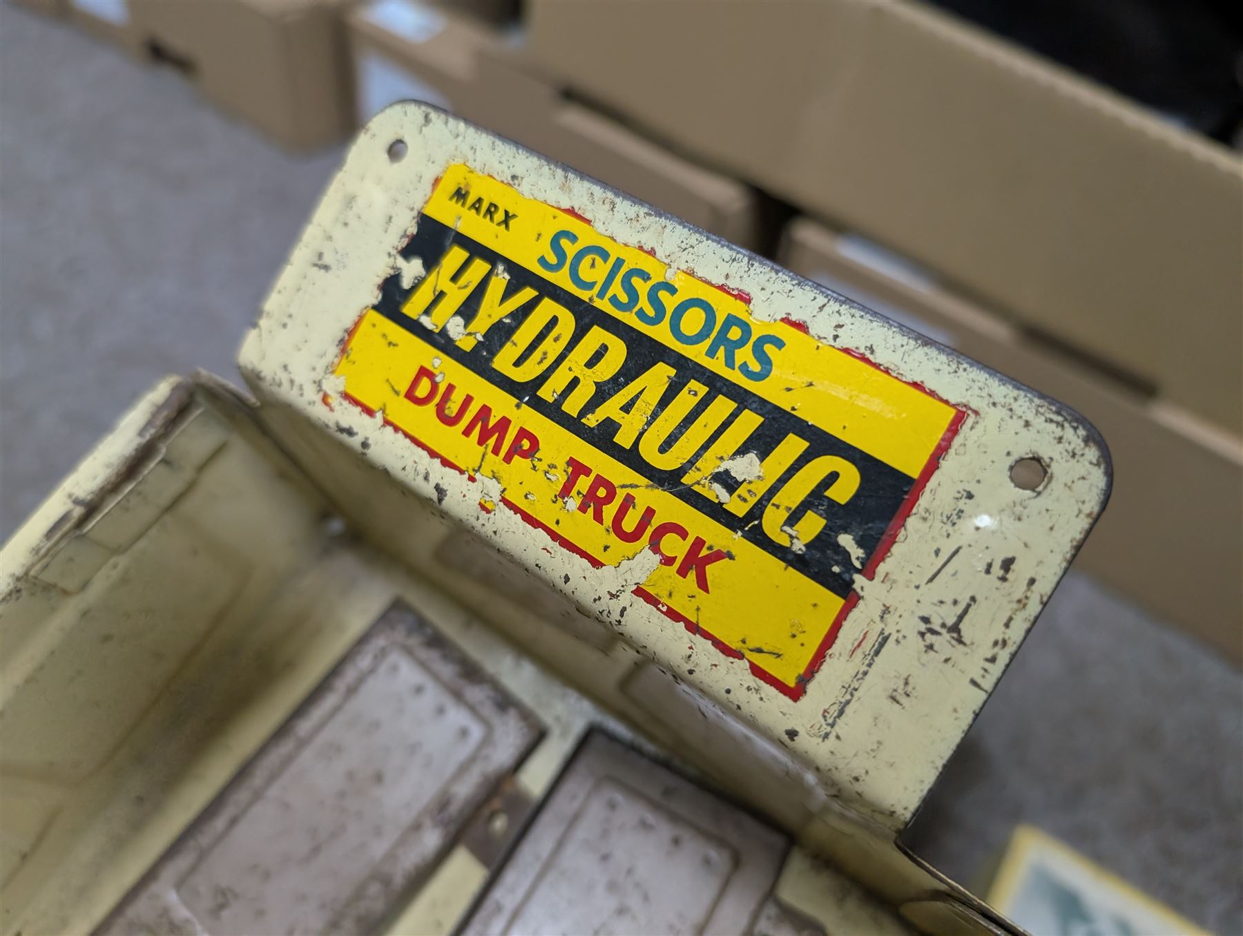 Marx Scissors Hydraulic Dump Truck, Electric Remote Control Car and a tinplate fire engine, dump truck H