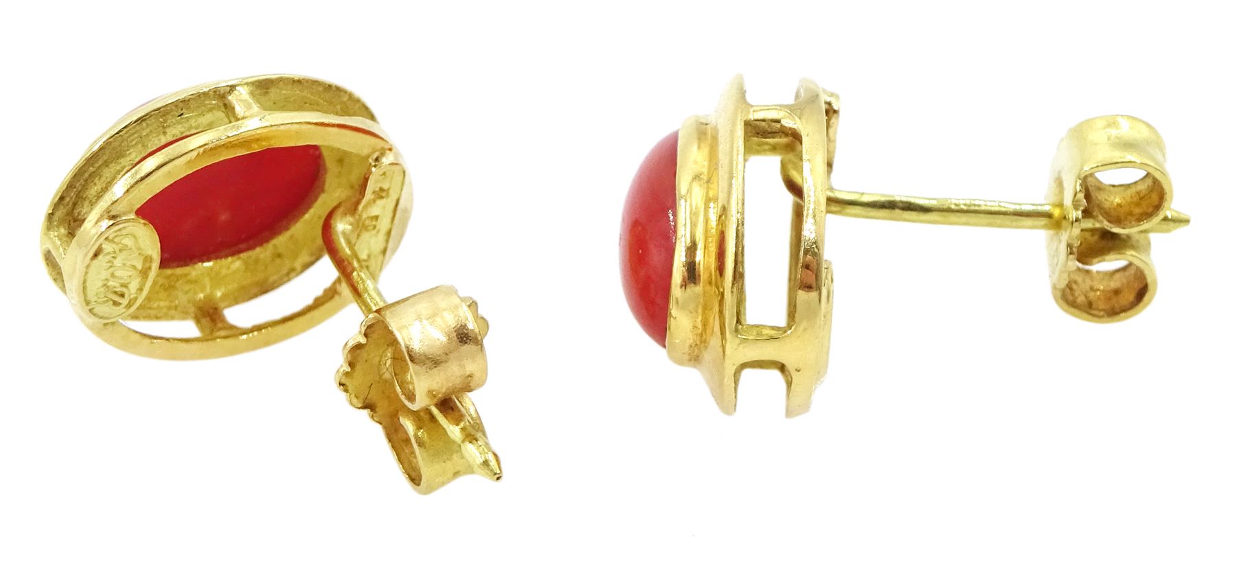 Pair of 18ct gold coral stud earrings, Sheffield import mark 1994