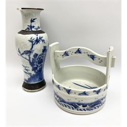 20th century oriental ceramic well with wave and bird decoration, H16cm, and oriental vase with floral decoration H25.5cm.  