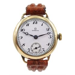 Omega 1930's gold-plated gentleman's manual wind wristwatch, No.8665002, white enamel dial with Arabic numerals and subsidiary seconds dial, case by Dennison, on brown leather strap