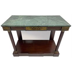 Late 19th century mahogany console or pier table, rectangular green marble top over a break-front frieze inlaid with brass scroll work panels, reed and ribbon gilt metal and wooden beaded applied mouldings, on turned and fluted front supports, plain mirror back over plinth platform base