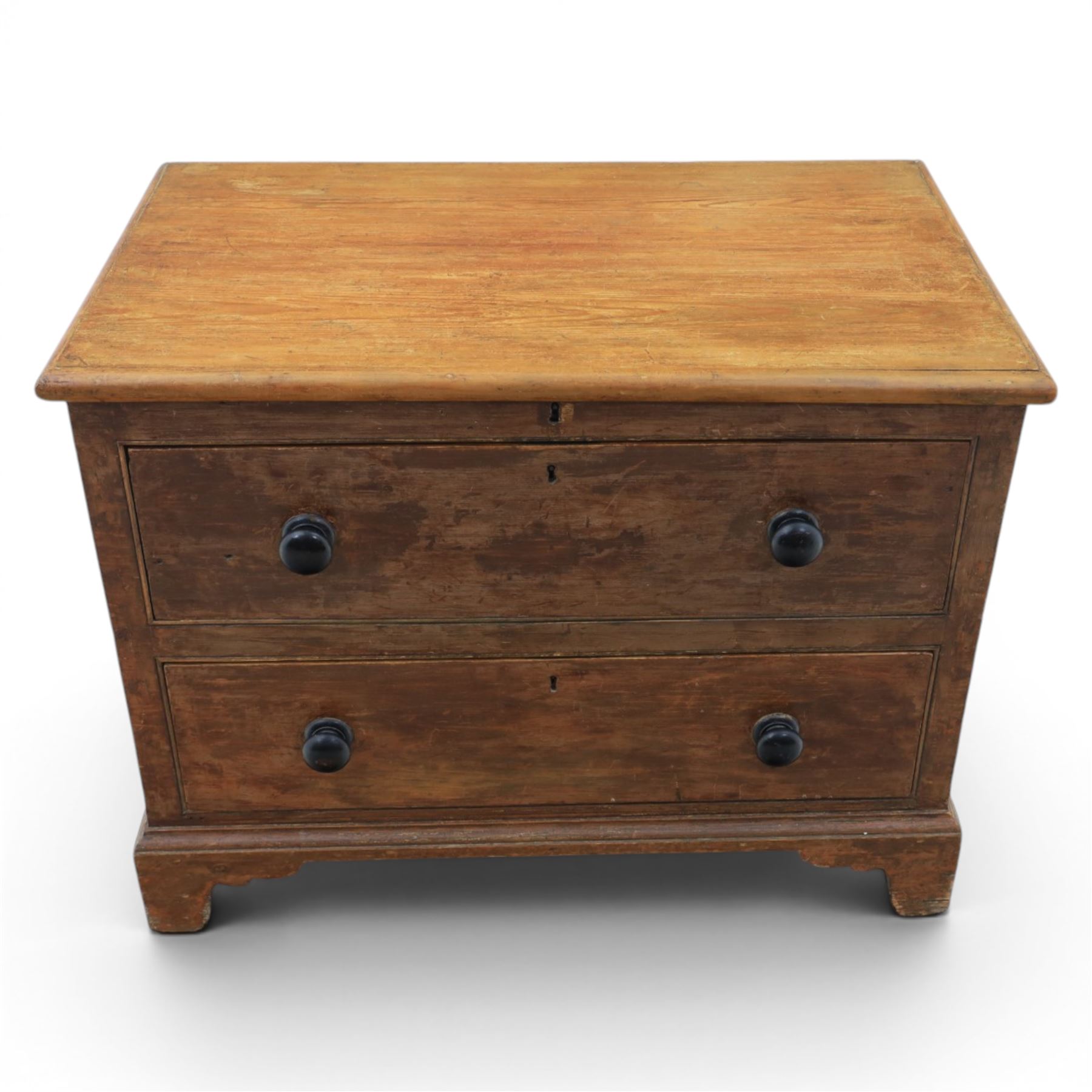 Victorian stained pine converted chest, fitted with two drawers, twin carrying handles, raised on bracket feet