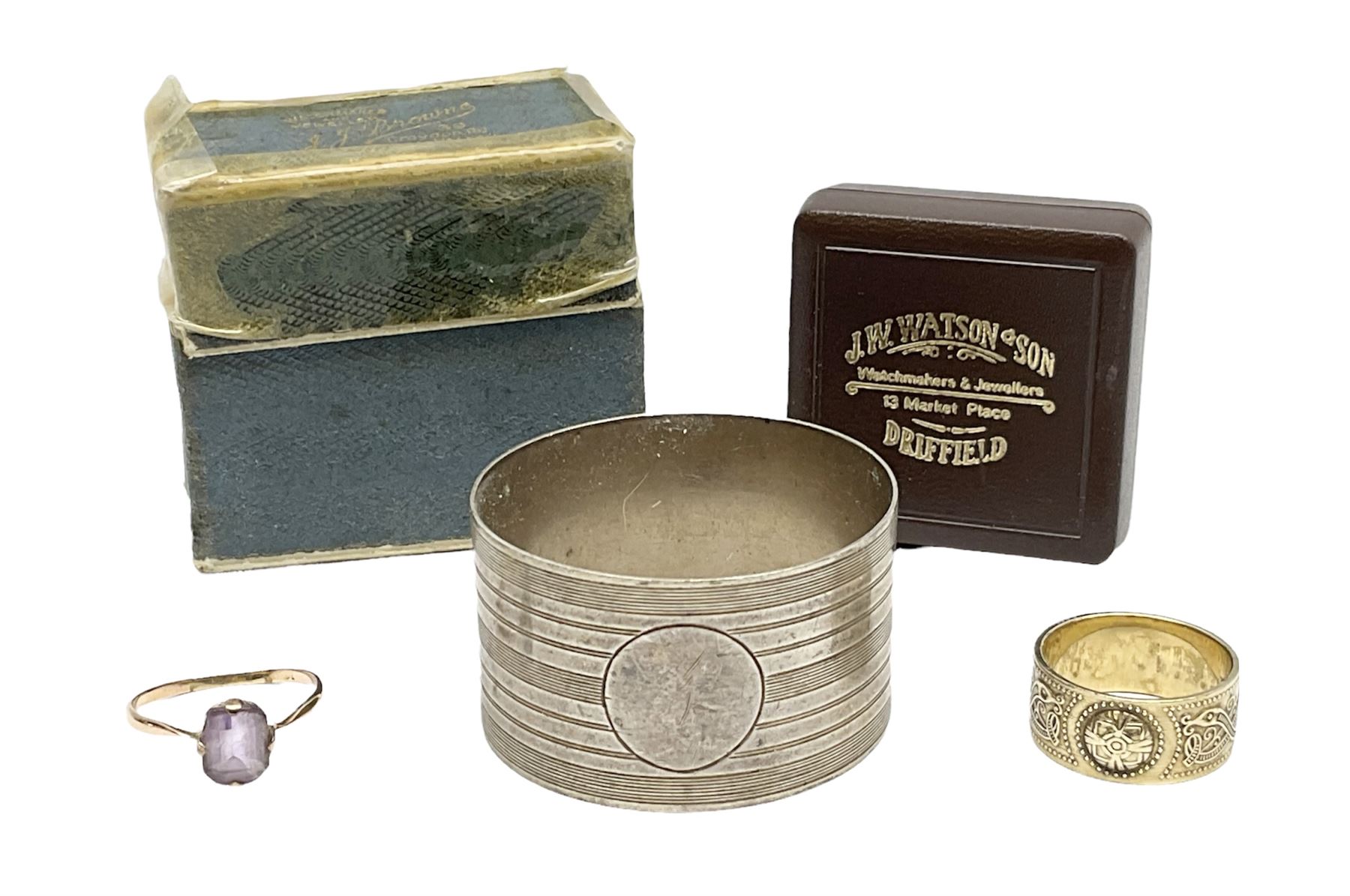 9ct gold stone set ring, silver napkin ring hallmarked Chester and a hallmarked silver gilt ring