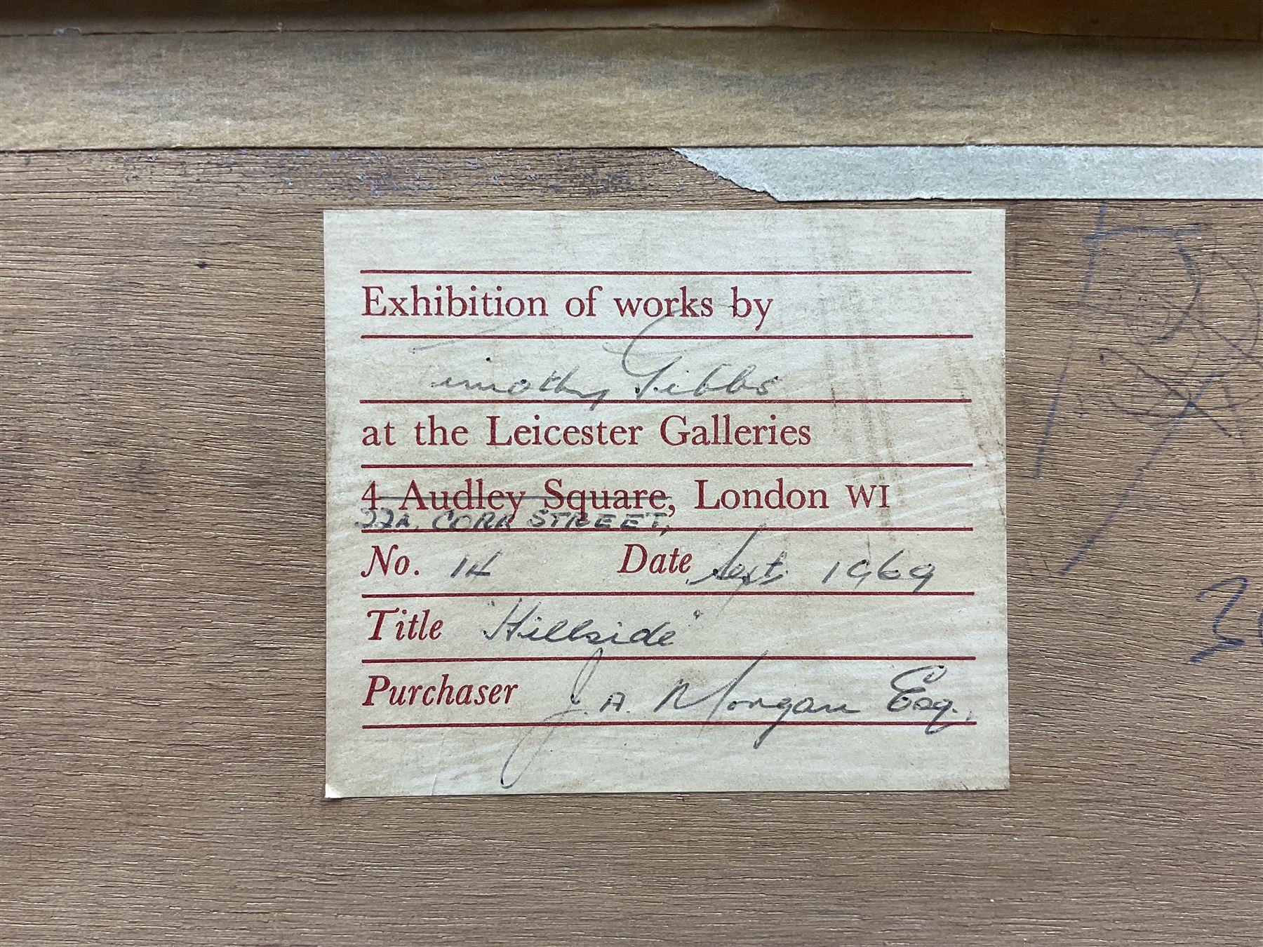 Timothy Gibbs (British 1923-2012): 'Hillside' - Abstract Landscape, mixed media on paper signed and dated '66, titled on exhibition label verso 43cm x 73cm 
Provenance: exh. Leicester Galleries, Cork Street, London September 1969, No.14, label verso