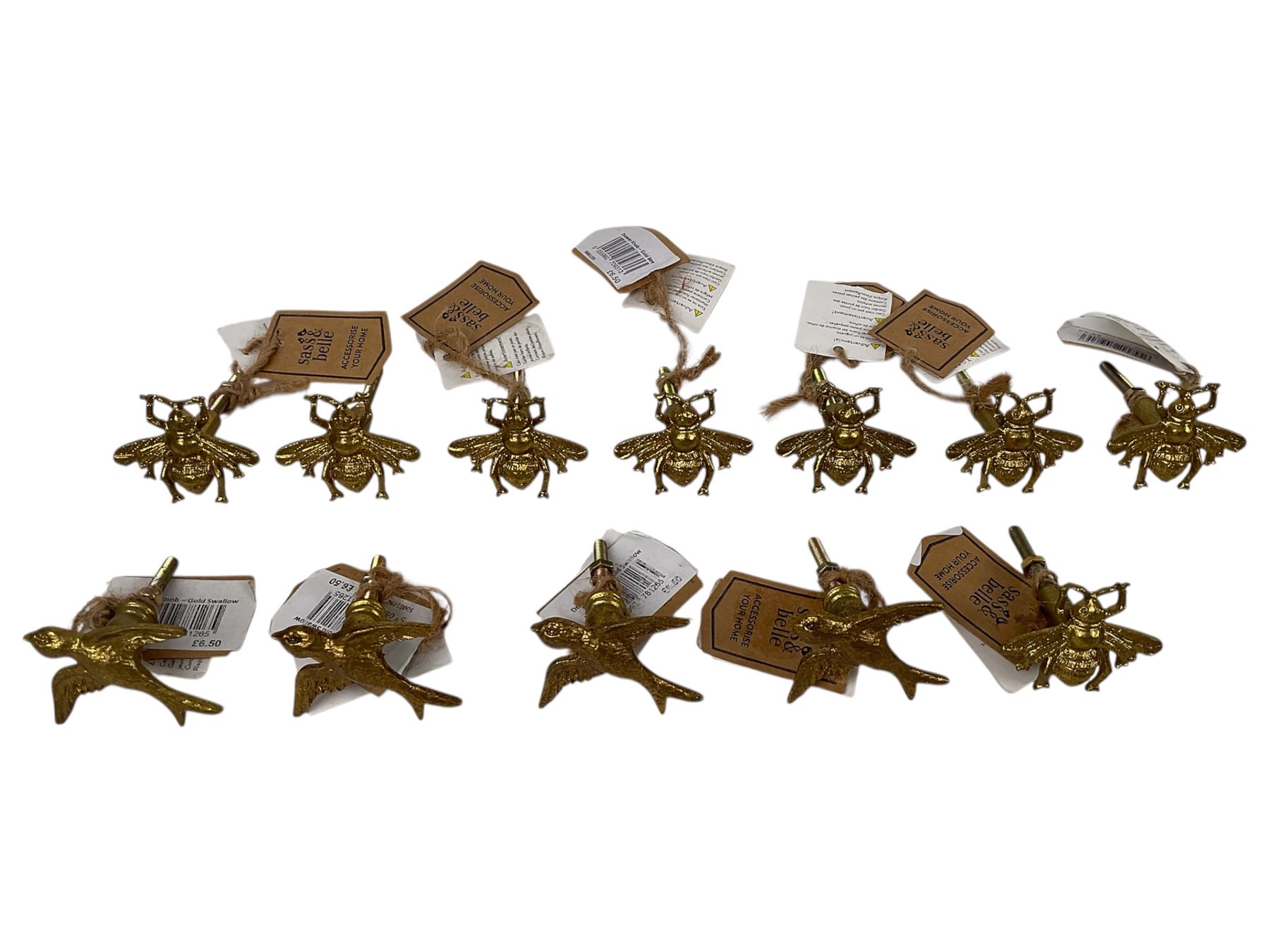 Collection of Sass & Belle gold finish bee and bird handles / knobs
