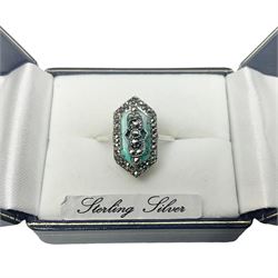 Silver turquoise and marcasite cluster ring, stamped 925, boxed 