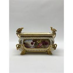 19th century Coalport bough pot, circa 1820, of bombe form, the body with twin handles surmounted by two birds and raised upon four feet modelled as swans, hand painted with two panels depicting an urn of flowers set against a mountainous landscape, the whole heightened in gilt throughout, H13cm L21cm