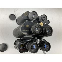 Eleven cased pairs of binoculars, to include Omiya 8x30, Tasco, Esde-Optik 8x40 Weitwinkel, Chinon 10x50 Field. Aico Rapide 8x30, Astralite zoom 6x- 14x32, etc
