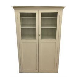 19th century painted pine kitchen cupboard, enclosed by two part glazed doors