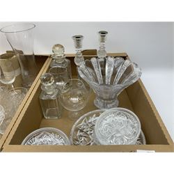 Group of assorted Victorian and later glassware, to include a faceted cut glass vase, a number of Webb cut glass drinking glasses, two decanters, etc., in two boxes  
