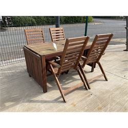 Rectangular teak drop leaf garden table, and four slatted armchairs