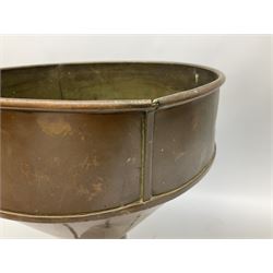 Agricultural copper corn funnel, H32.5cm, another similar copper funnel and copper warming platter of oval form, with twin handles on four supports, with removeable warming plate, L49cm