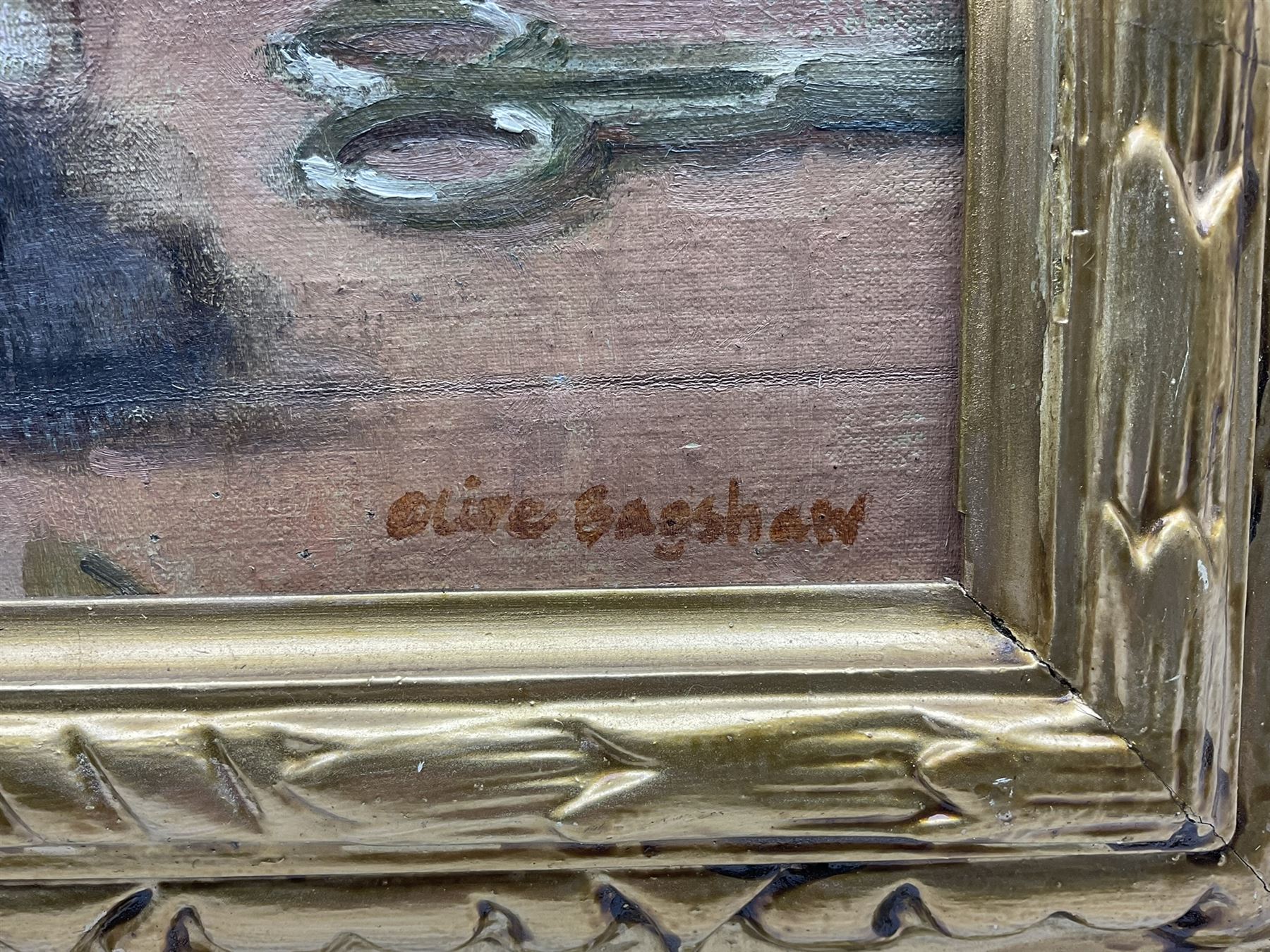 Olive Bagshaw (Northern British fl.1965-1978): Lady Reading behind a Jug of Dried Honesty, oil on canvas laid on board signed 53cm x 36cm 
Provenance: from the Artist's Studio Sale. Miss Bagshaw who was born in Salford, received her formal art training at Salford and Manchester Art School. Her work has been regularly accepted at the Royal Society of Portrait Painters, the Royal Academy and Federation of British Artists (Information from a 1970's Monks Hall Museum and Gallery exhibition catalogue).