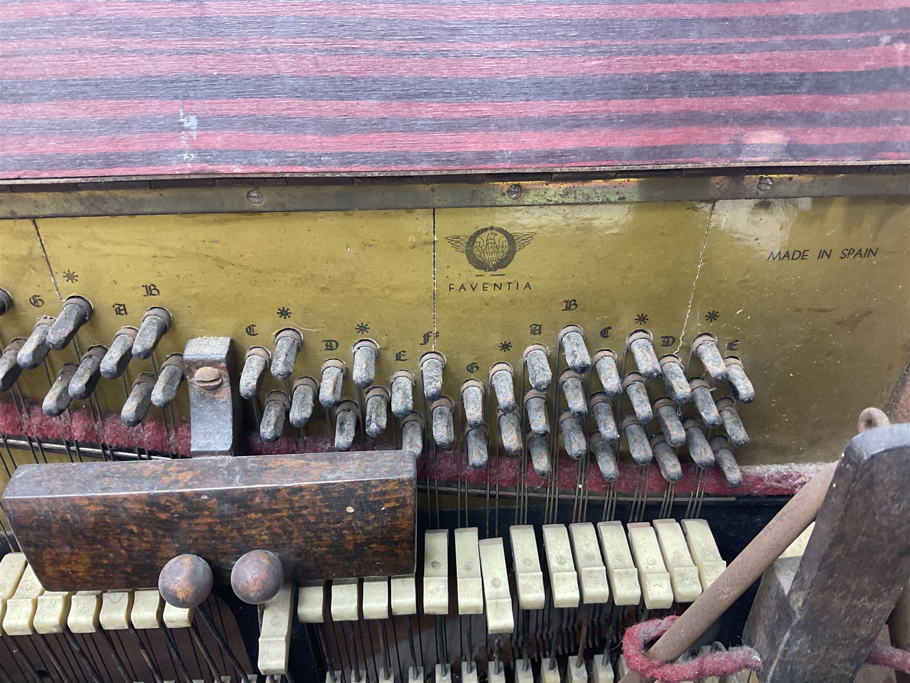 Faventia Half size miniature Spanish barrel piano with a 40cm cylinder playing tunes on a 37 note movement including woodblock and triangle, in a painted case with silk embroidered decoration to the front.  Vicente Linares, Barcelona trade label, with original crank handles, stringing, hammers action, tuning pins and cylinder