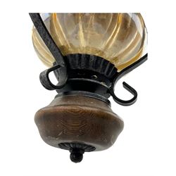 Collection of vintage and modern light fixtures, including copper pendant light, brass five-arm chandelier, hanging lantern and two small chandeliers with hanging faceted droplets (6)