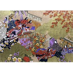 Japanese School (21st century): Ladies in a Garden, print with gilt embellishment 44cm x 62cm