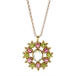 9ct gold oval cut aquamarine, pink tourmaline and peridot pendant, on 9ct rose gold belcher link chain necklace