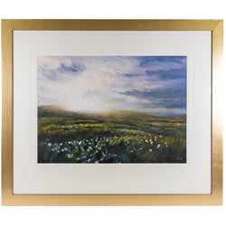 Jim Miller Wright (Scottish 1954-): 'Cotton Grass on Farndale Moor' North York Moors, oil signed with monogram, titled verso 51cm x 72cm 