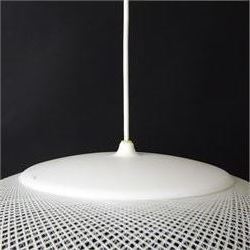Moooi - NR2 pendant light, circular openwork shade formed from fine white threads in a complex woven lattice, enclosing an internal light source, suspended from a white cable and ceiling rose