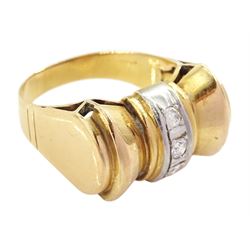 Mid-late 20th century European gold and platinum diamond abstract bow ring