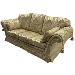Steed Kedleston three seat sofa, and matching wing back armchair, upholstered in pale gold fabric