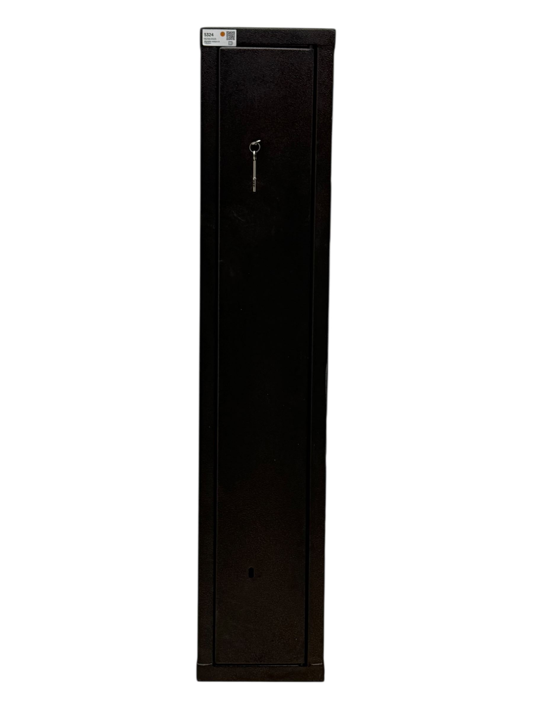 Modern black painted steel gun cabinet, of tall rectangular form with hinged front door fitted with dual lock mechanism, interior with foam base insert and pre-drilled mounting holes to back panel