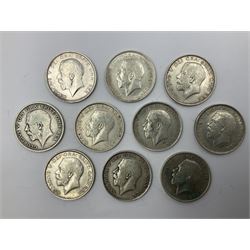 Ten King George V 1914 silver half crown coins