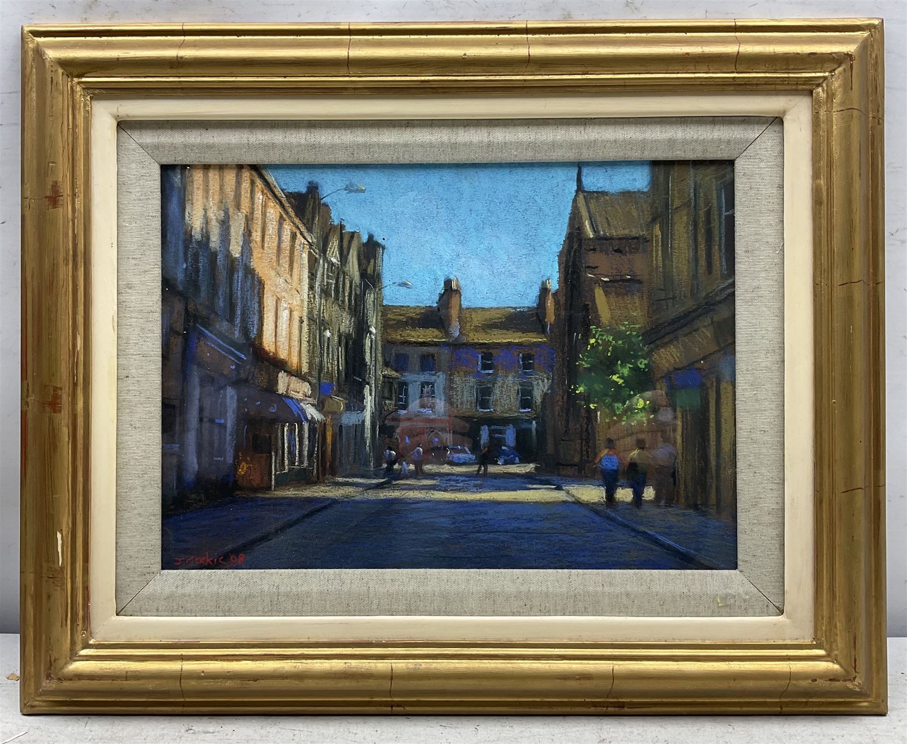 John Mackie (Scottish 1953-): Blue Skies Street Scene, pastel signed and dated '08, 24cm x 34cm