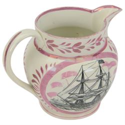 19th century Sunderland lustre jug, transfer printed with Northumberland 74, verse on Time to the front and the verse 'Swiftly see each moment flies...' to the other side, H18cm