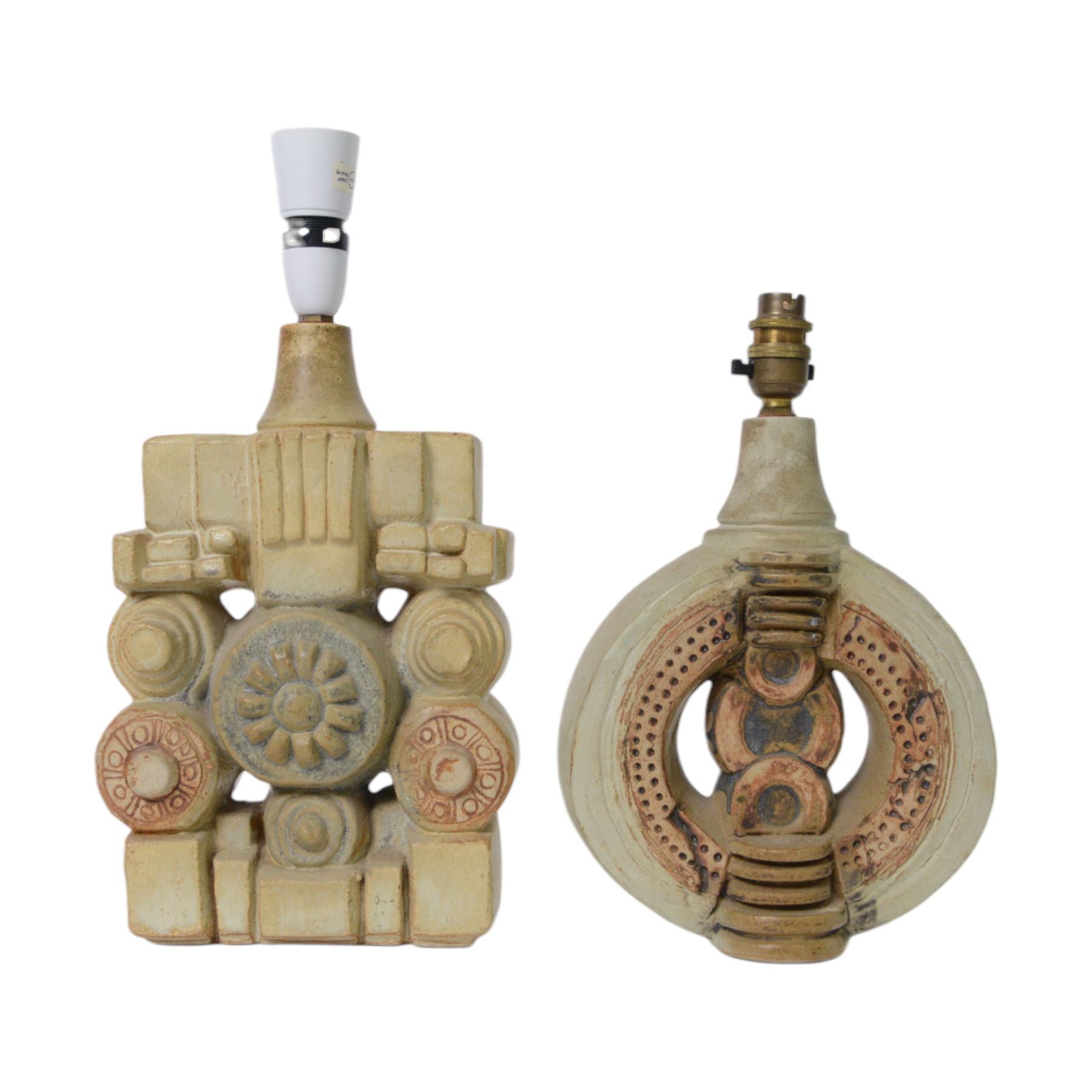 Bernard Rooke (British 1938-): two studio pottery table lamp bases, each with relief moulded abstract designs, signed with initials, tallest H40cm